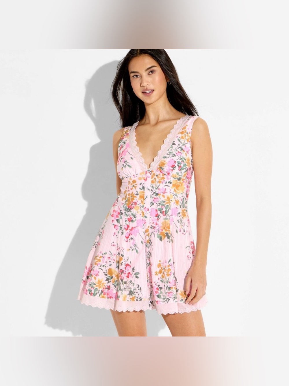 Wild Fable Button Front Mini Empire Waist Floral Pink Dress Small, NEW